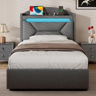 М&39яке односпальне ліжко 90x200 см зі світлодіодним освітленням, портом USB-C, гідравлічним ліжком, дитяче ліжко з місцем для зберігання та узголів&39ям, каркас ліжка з металевим каркасом, коробкою для зберігання та рейковою основою, лляне, сіре, без мат