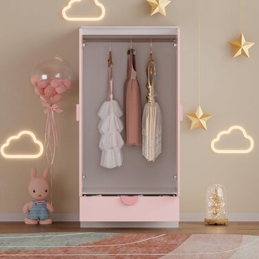 Дитяча шафа Sandnes з 2 дверима та 1 шухлядою, штанга для одягу, дитяча кімната, 123 x 60 x 40 см, рожевий/білий
