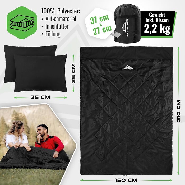 Подвійний спальний мішок MOUNTREX - Літній спальний мішок для 2 осіб (210 x 150 см), Спальний мішок-ковдра - XXL Літній спальний мішок з 2 подушками для дорослих - Кемпінг, на природі та в приміщенні, чорний