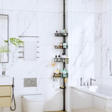 Кутова полиця для душу телескопічна SWTYMIKI - 4-ярусна, з мильницею, тримачем для зубних щіток та 4 гачками, регульована, з нержавіючої сталі, монтаж без свердління, 70-275 см, чорна