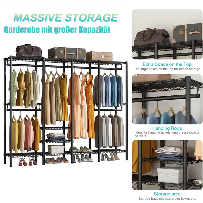 Вішалка для одягу KZOBYD, шафа-тумба з 6 полицями, що регулюються по висоті, штанга для одягу з 4 відділеннями для вішалок, багато місця, для спальні, вітальні (чорна)