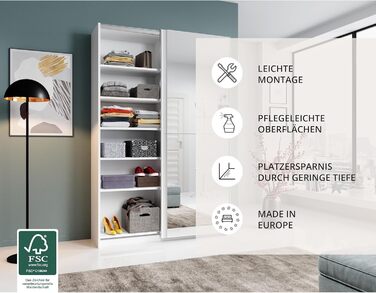 Елегантна шафа/гардеробна з дзеркальними дверима та великою кількістю місця для зберігання - Універсальна шафа з розсувними дверима білого кольору - 125 x 195 x 38 см (Ш/В/Г) Біла з дзеркалом, одинарна