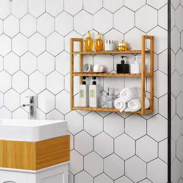 Полиця для ванної кімнати SONGMICS, бамбукова полиця, полиця для рослин з 3 регульованими полицями, настінна, окремостояча, для вітальні, коридору, кухні, 60 x 15 x 54 см, натуральний колір BCB13Y