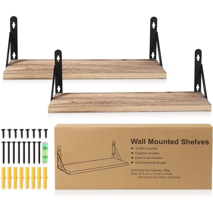 Настінна дерев&39яна полиця Uten Rustic, плаваюча полиця 42 см, комплект з 2 предметів з металевим дротом для вітальні, спальні, кухонної полиці, кольору дерева, вінтажний світло-коричневий B - колір дерева