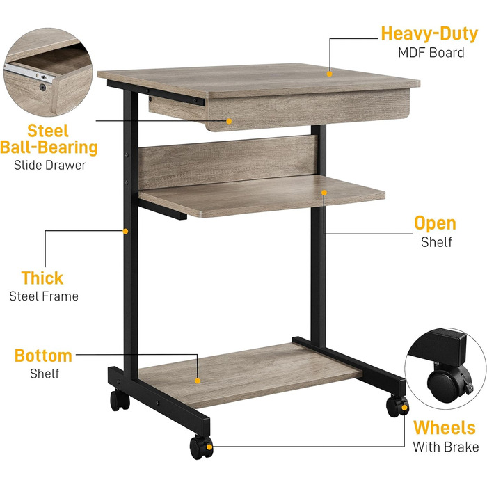 Комп&39ютерний стіл на колесах, Офісний стіл з лотком для клавіатури та відкритим відділенням, Промисловий дизайн, 56 x 51 x 79 см, для домашнього офісу, кабінету, сірий
