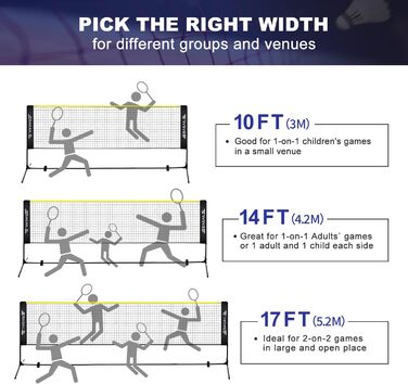 Сітка для бадмінтону BAGAIL, складна нейлонова сітка, регульована по висоті підставка та сумка для перенесення, легко встановлюється та знімається, ідеальна спортивна сітка для тенісу, бадмінтону або волейболу, 3M жовтий/чорний