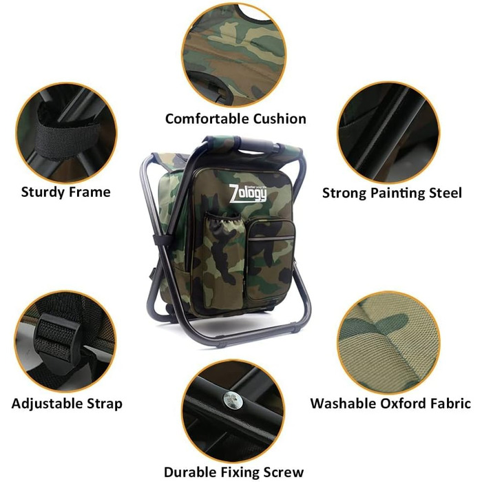 Складаний стілець для кемпінгу табурет Рюкзак Zology з ізольованою сумкою для пікніка з охолоджувачем, камуфляжне портативне туристичне сидіння Сумка для стільця для зовнішньої риболовлі в приміщенні Подорожі Пляжне барбекю