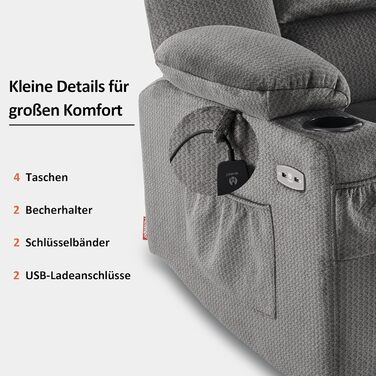 Електрично регульоване крісло для телевізора 7008, Крісло-реклайнер з функцією відкидання, Крісло для телевізора з функцією масажу та підігріву, USB та підсклянник, Вітальня (Тканина, сірий) Тканина сірого кольору