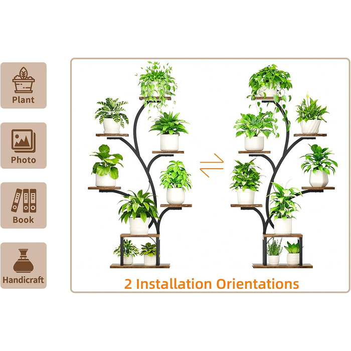 Кімнатна підставка для рослин з лампами для вирощування, 7-рівнева полиця для кімнатних рослин, 124,5 см, кутова підставка для кімнатних рослин, металева полиця, дерево коричневого чорного кольорів