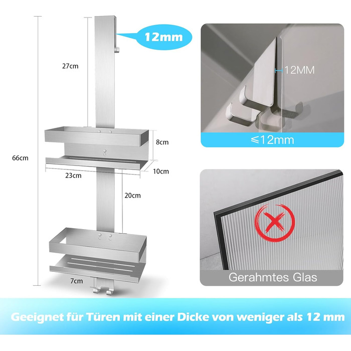 Підвісна полиця для душу, душова стійка з нержавіючої сталі SUS304, не потребує свердління для безрамних скляних дверей, тримач для шампуню та гелю для душу (стиль A (сріблястий))