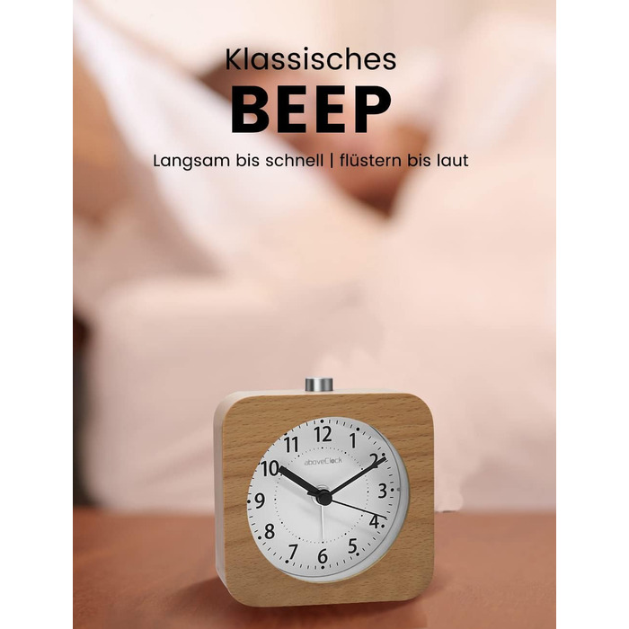 ВищеГодинник будильник аналоговий без цокання, будильник дерев'яний з дрімотою, тумбочка настільний годинник з нічником, ретро-будильник аналоговий на батарейках (потрібна батарея 1*AA) - натуральне дерево світло-коричневого кольору (квадрат, світло-корич