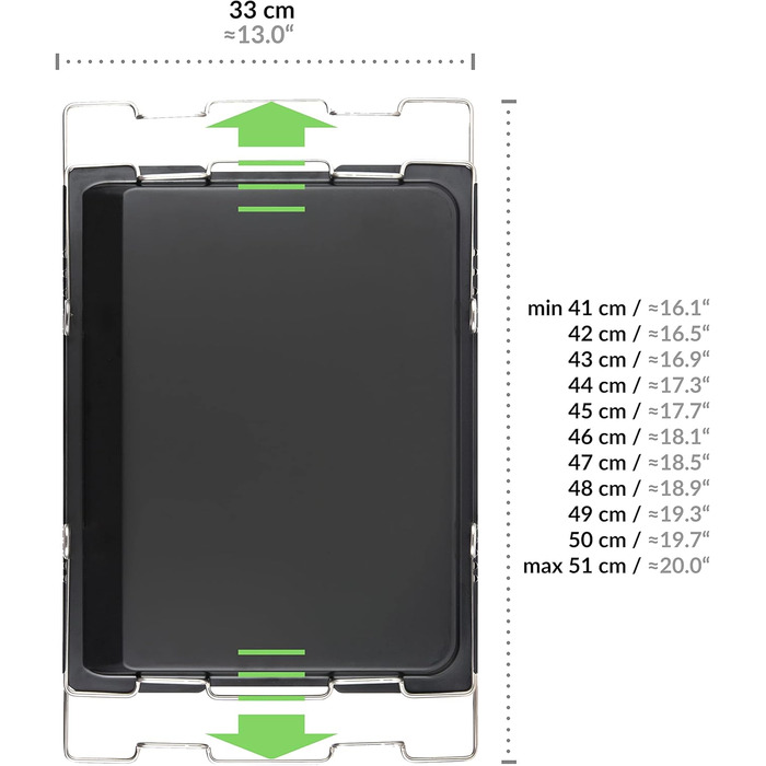 Деко для випікання Grizzly регулюється за розміром, деко для духовки висувається від 41 до 51 см, з обідком висотою 2 см, регульований деко для духовки Висувна рама, 41-51 см