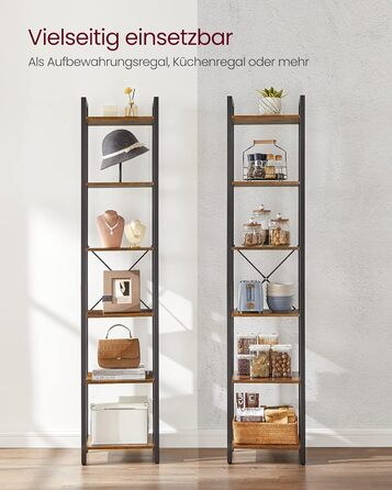 Полиця, книжкова шафа, полиця для DVD, з 6 полицями, офісна полиця, відкриті полиці, для офісу, вітальні, спальні, кухні, 30 x 40 x 186 см, вінтажний коричневий-чорнильний чорний LLS101B01 6 полиць (40Ш x 186В см) вінтажний коричневий чорнильний чорний