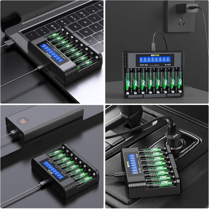 Літієві батарейки AAA 1,5 В, 8 шт. із зарядним пристроєм, висока ємність 1200 мВтгод, 1500 циклів розрядки/зарядки, акумуляторні батарейки AAA, тривалий термін служби з інтелектуальним зарядним пристроєм з РК-дисплеєм