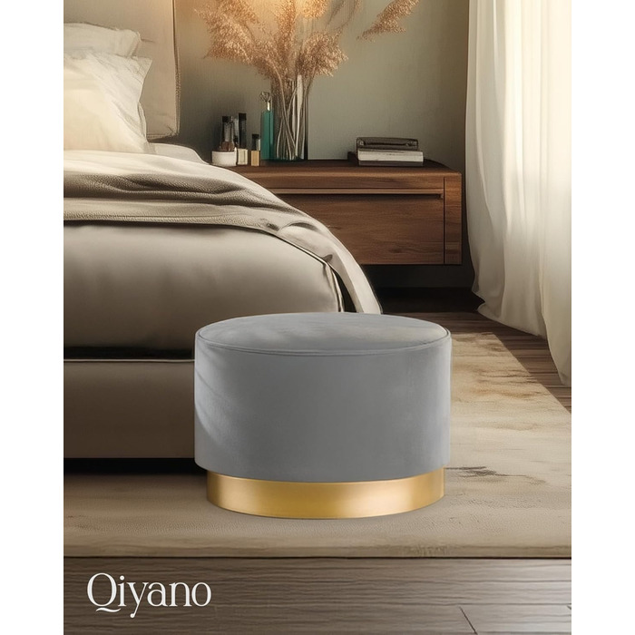 Оксамитовий пуф/туалетний стілець різних розмірів і кольорів із золотою обробкою для вітальні, спальні або гардеробної, великий круглий, колір сірий 300 сірий