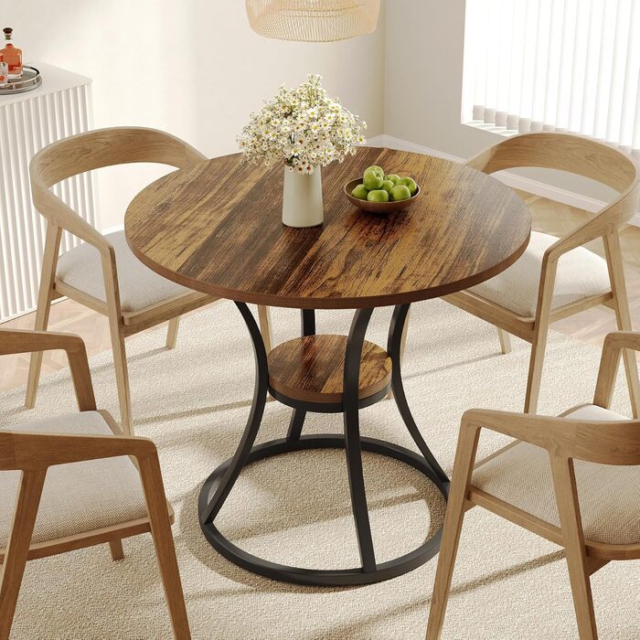 Круглий обідній стіл Tribesigns, кухонний стіл для їдальні та вітальні, обідні столи 80 см для 2-4 осіб, невеликий обідній стіл з місцем для зберігання та металевою основою, рустикальний коричневий (лише стіл)