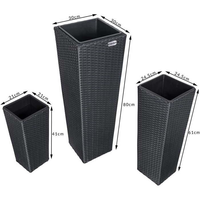 Набір із 3 квіткових горщиків Casaria, плетіння з поліратану, кашпо з водостічкою, вигляд ротанга, садове горщик для вулиці, квіткова коробка, чорний