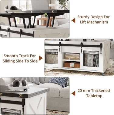 Журнальний столик VOWNER з регульованою висотою, багатофункціональний стіл для вітальні 3-в-1 з колесами та прихованим місцем для зберігання, який можна перетворити на обідній стіл для вітальні, у фермерському стилі (чорний з деревним малюнком)