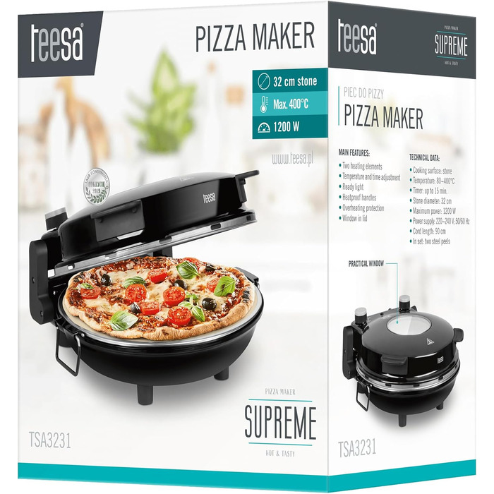 Домашня піч для піци Teesa SUPREME, потужність 1200 Вт, температура 80400 C, діаметр 32 см, вікно в кришці, TSA3231