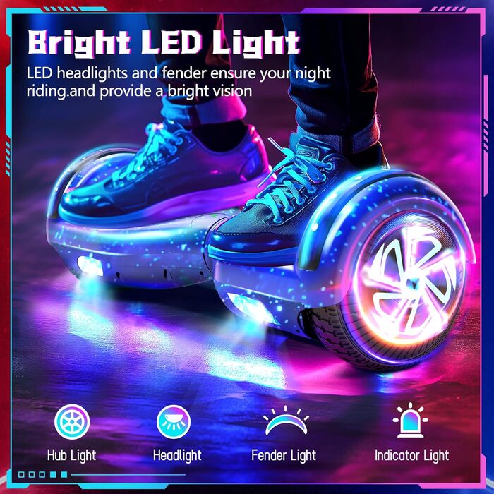 Електричний самокат Zoll 6,5 з Bluetooth, миготливими світлодіодними шинами та підсвічуванням двигунів, універсальний ховерборд для хлопчиків, дівчаток, дітей, підлітків
