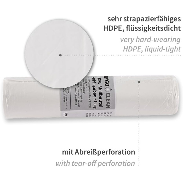 Сміттєвих пакетів Hygoclean Light, 60 л HDPE, рулон, прозорі, Д 75 см, Ш 64 см, 10 мкм, картон, сміттєві пакети, пакети для відходів, пакети для сміття, пакети для побутових відходів, пакети для відходів, 600