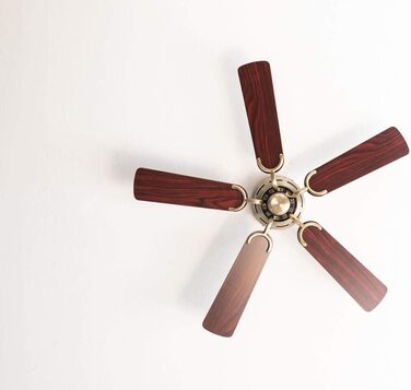 Стельовий вентилятор Kisa без підсвічування Вентилятор із тяговим перемикачем із старовинної латуні з реверсивними лопатями з рожевого та горіхового дерева, діаметр 105 см. (Колір латунь, палісандр/горіх)
