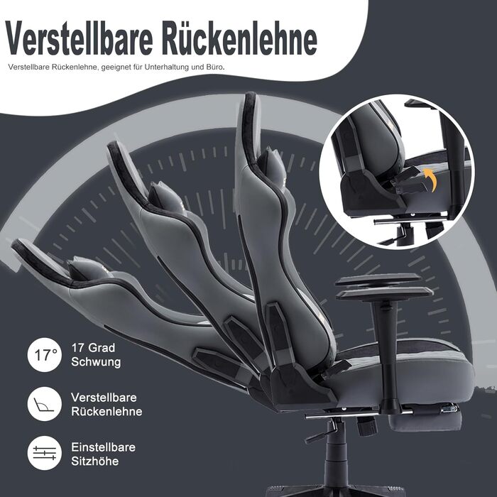 Ігрове крісло Symino - Ергономічне офісне крісло в гоночному стилі, вантажопідйомність 200 кг, регульовані підлокітники, вінтажна штучна шкіра, ігрове крісло з підставкою для ніг (сіре) імітація оленячої шкіри, колір &quotкліш сірий&quot
