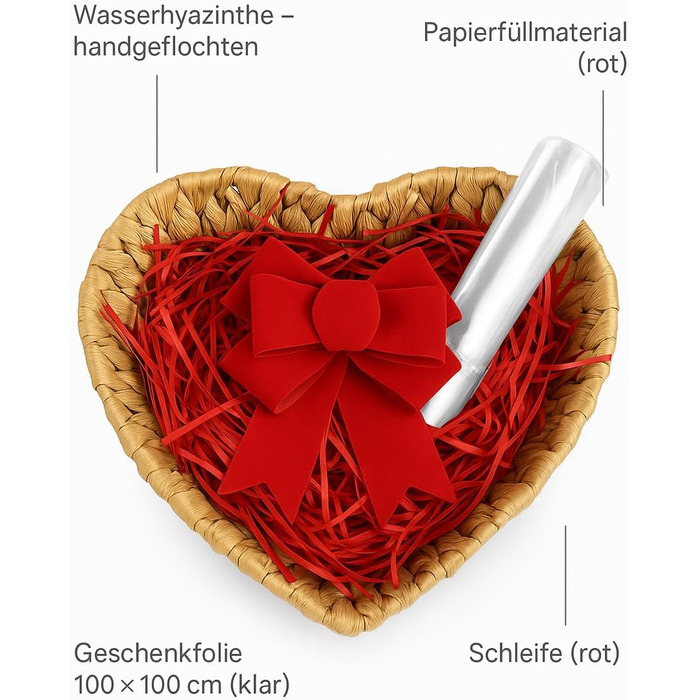 Подарунковий кошик у формі серця з водяного гіацинта натурального кольору з червоним паперовим наповнювачем та подарунковою упаковкою ідеально підходить для Різдва, Дня святого Валентина, весіль або для подарункових кошиків