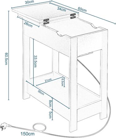 Приставний столик EUGAD, тумбочка з розеткою, столик для дивана, журнальний столик, маленький столик, консольний столик, розкладна стільниця, 3 полиці, для вітальні, спальні, кухні, білий, 0001CHJ