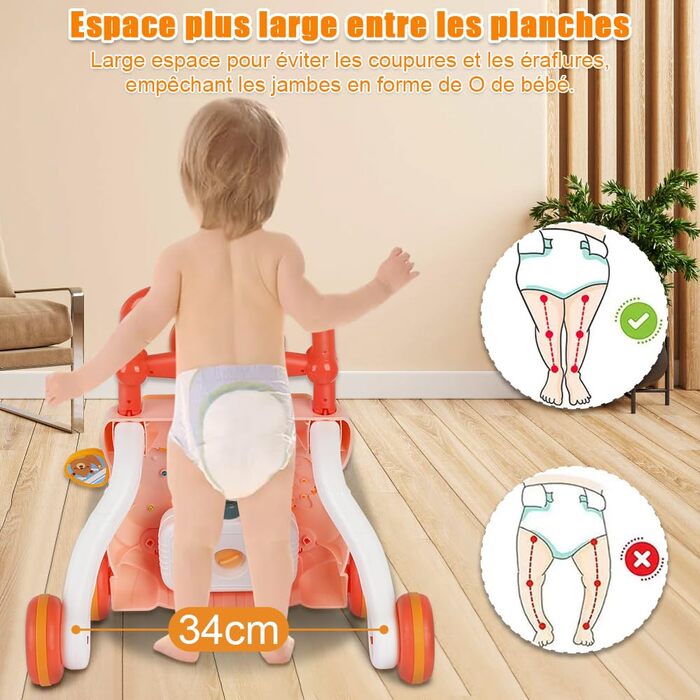 Дитячі ходунки, дитячі ходунки з музичним плеєром, амортизуючими колесами, подарунок для дітей від 6 місяців (36 x 34 x 42 см, рожеві) Рожеві 36x34x42 см