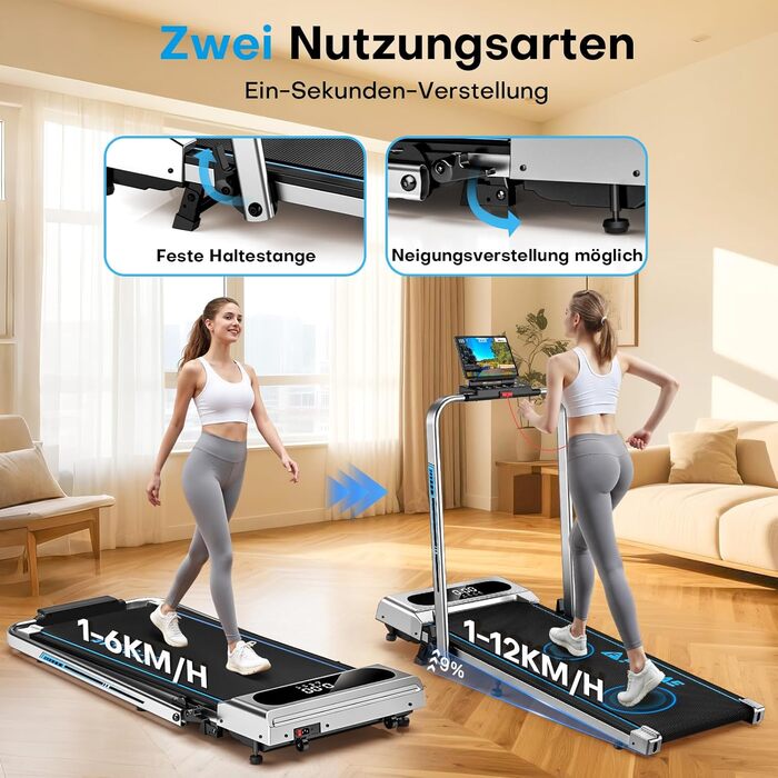 Домашня бігова доріжка, біговий килимок 5-в-1, складна бігова доріжка 12 км/год з нахилом 9, безщітковий двигун 2,75 к.с., ходун зі світлодіодним дисплеєм, сумісність із додатками, 12 програм, подвійний режим роботи, сріблясто-синій