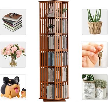Книжкова полиця, що обертається на 360, з 5/6-ярусною бамбуковою полицею для зберігання, підлогова книжкова шафа-стійка, вітрина для дітей та дорослих, вітальня, кабінет, офіс (6 полиць)