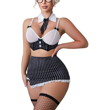 Комплект жіночої сексуальної білизни для косплею з бюстгальтером, міні-спідницею в смужку та панчохами в сітку - костюм секретарки для косплею XL