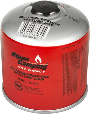 Газовий картридж Alpen Camping IK008 877 мл / 500 г з пропан-бутаном, що вкручується, з підключенням 7/16 для газової плити похідн