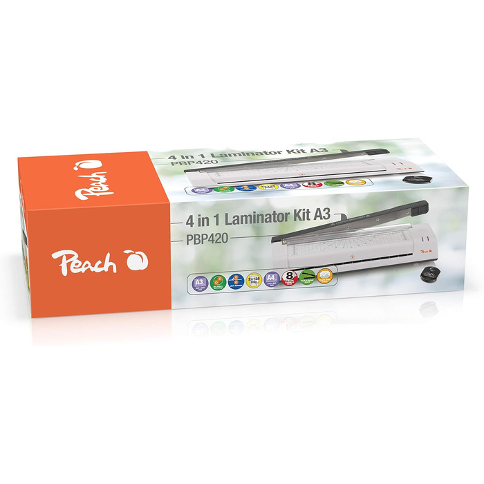 Ламінатор Peach 4-в-1 A3, включаючи закруглювач кутів, різак, ламінуючі пакети - ABS - Готовий до використання через 3-5 хвилин - 2x125 мкм - 250 мм/хв - Гарячий та холодний ламінатор - PBP420 Багатофункціональний важільний різак A3, закруглювач кутів та 