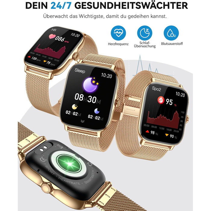 Розумні годинники для жінок та чоловіків, фітнес-годинник, фітнес-трекер з більш ніж 120 спортивними режимами, крокомір, монітор сну, водонепроникність IP68, розумний годинник для Android/iPhone (золотистий, 1.91)