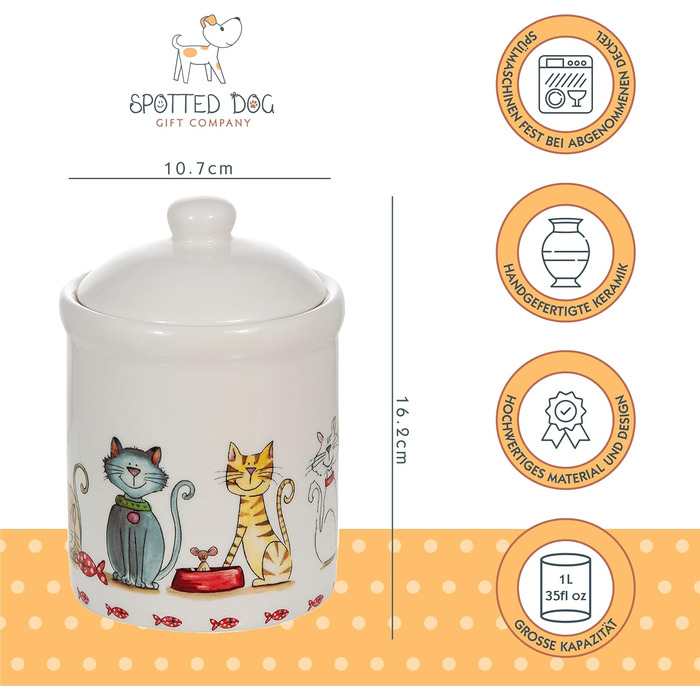 Керамічна банка для зберігання Spotted Dog Gift Company, керамічна банка з кришкою, контейнер для зберігання, банка для зберігання з котячим мотивом, кухонний декор з котом, кухонний аксесуар та подарунок для любителів котів
