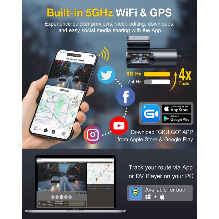 Відеореєстратор автомобільний передній задній, 5 ГГц WiFi GPS, подвійний відеореєстратор, 1.5 IPS міні-автомобільна камера з 64 ГБ