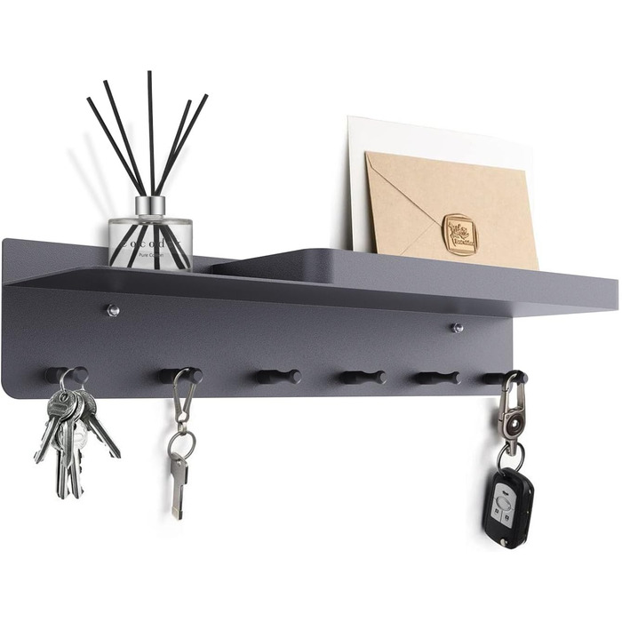 Ключниця Honsdom з полицею і 6 гачками, ключниця чорна, ключниця-органайзер, ключниця без свердління для настінного кріплення для