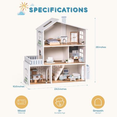 Дерев&39яний ляльковий будиночок ROBUD з підсвічуванням, 3 поверхи, включає меблі та сходи, іграшка для дітей від 3 років