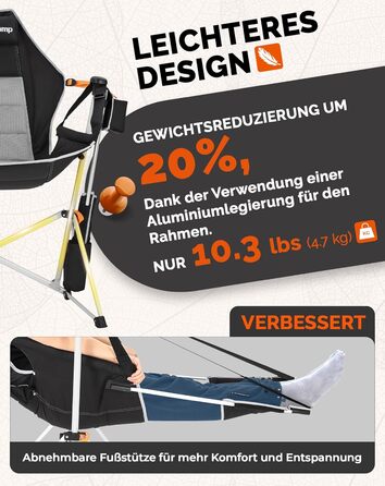 Легке крісло-гойдалка для кемпінгу KingCamp, складне крісло-гойдалка для кемпінгу з 3 регульованими спинками, розкладне вуличне крісло-гойдалка з тримачем для напоїв, підвісне крісло-гойдалка для використання в приміщенні, вітальня, сад, патіо, чорне з пі