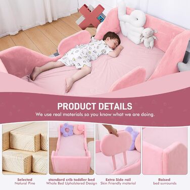Дитяче ліжечко, дитяче ліжко для дітей з додатковою безпекою та широким каркасом стандартного розміру для малюків із сертифікованою тканиною (яскраво-рожевий)