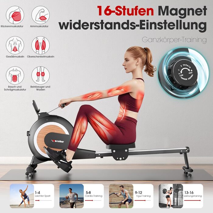 Гребний тренажер Wenoker, магнітний гребний тренажер для домашнього використання, покращений, тихий опір з 16 рівнями та інтелектуальною електронною поворотною ручкою, максимальна вага користувача 160 кг, підключення до додатку, чорний