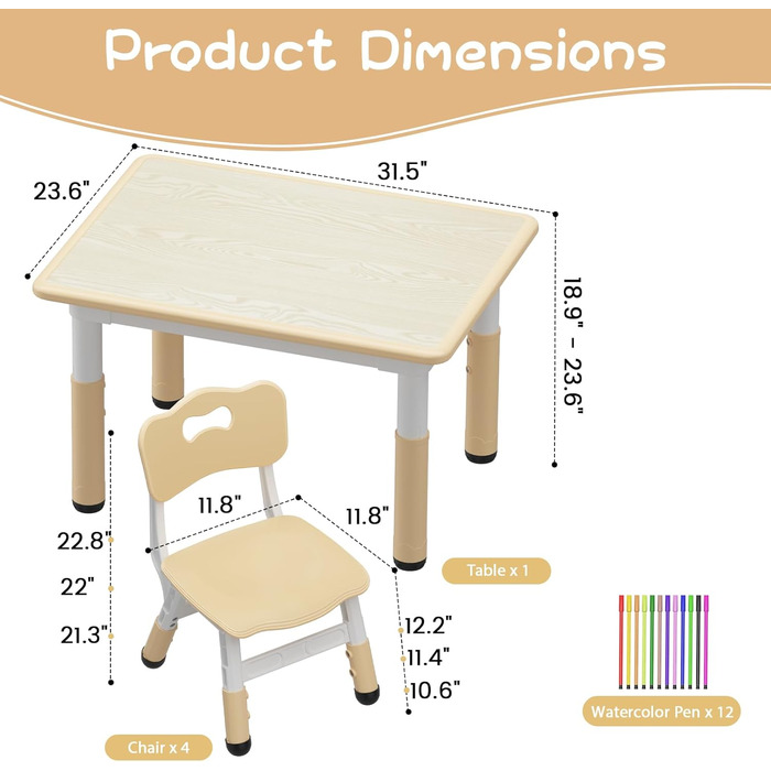 Дитячий стіл з 4 стільцями, серветками та дитячим стільцем для дитячого садка, регульований по висоті, з гравітаційною плитою та нековзною подушкою кольору дерева