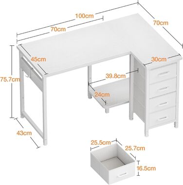 Кутовий письмовий стіл Coleshome, 100x70 см, L-подібний стіл з 4 шухлядами, двосторонній комп&39ютерний стіл для офісу, кабінету, спальні, білий 100 70 см