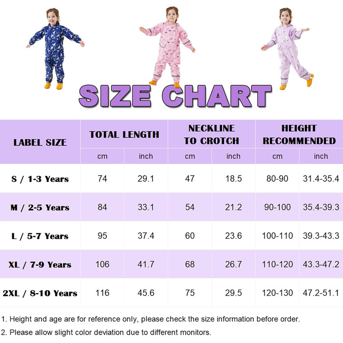 Дощовик Fewlby для дівчаток, водонепроникна куртка, цільний плащ з капюшоном, багаторазові штани для бруду, синій єдиноріг, вік 2-5 років