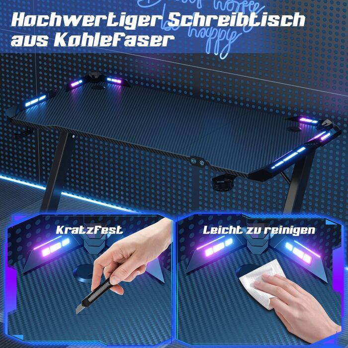Ігровий стіл Devoko 120 x 60 см, ігровий стіл зі світлодіодним підсвічуванням, поверхня з вуглецевого волокна, ергономічний ігровий стіл з тримачем для напоїв, гачок для навушників, міцний комп&39ютерний стіл