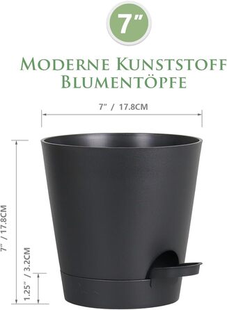 Набір з 6 самополивних квіткових горщиків, горщики для рослин 17,8 см із системою поливу, кашпо з блюдцем, набір квіткових горщиків, ідеально підходить для кімнатних та балконних садів, чорний 17,8 см чорний