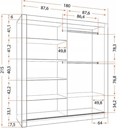 Шафа з дзеркалом - Шафа з розсувними дверима - Шафа для спальні - 64 x 180 x 215 см - Шафа для вітальні - Вішалка для одягу, Шафа з двома дверима, Сучасна 180 см Біла