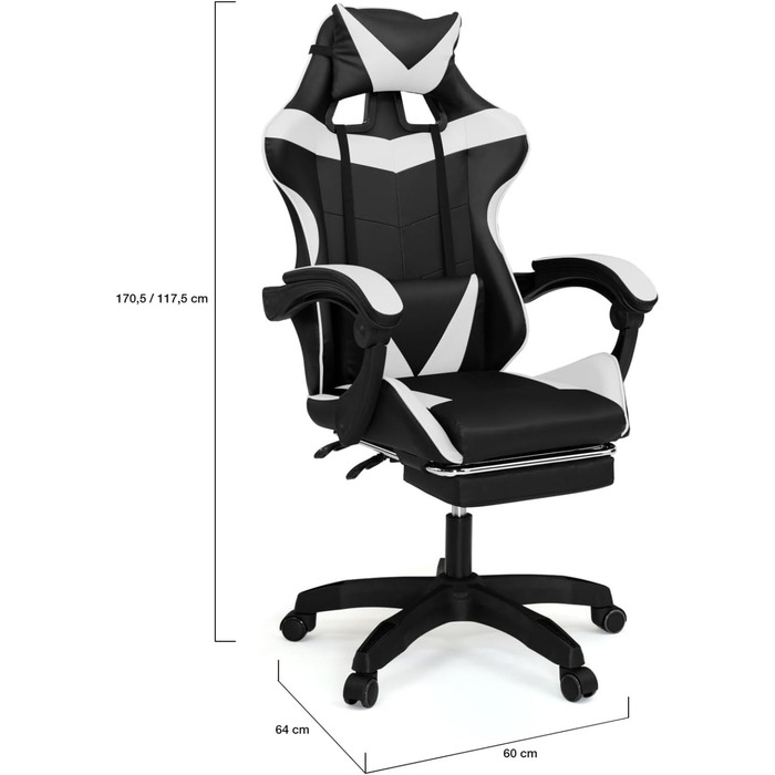 Регульоване ігрове крісло Alex з підніжкою, подушками для голови та попереку, чорно-біле